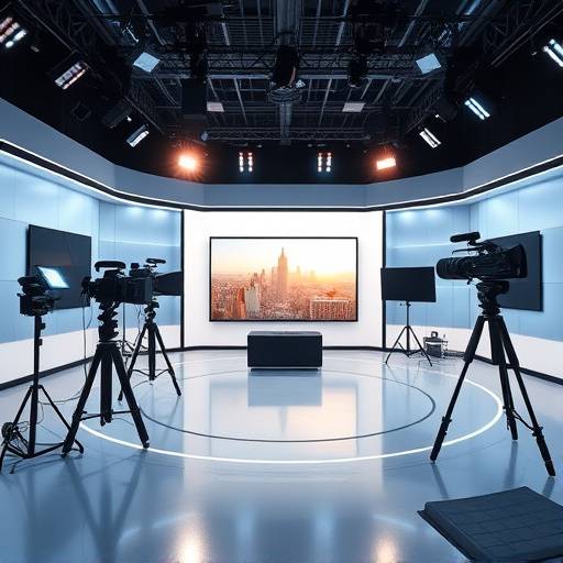 Vista panorámica de un estudio de televisión moderno con luces brillantes y cámaras profesionales